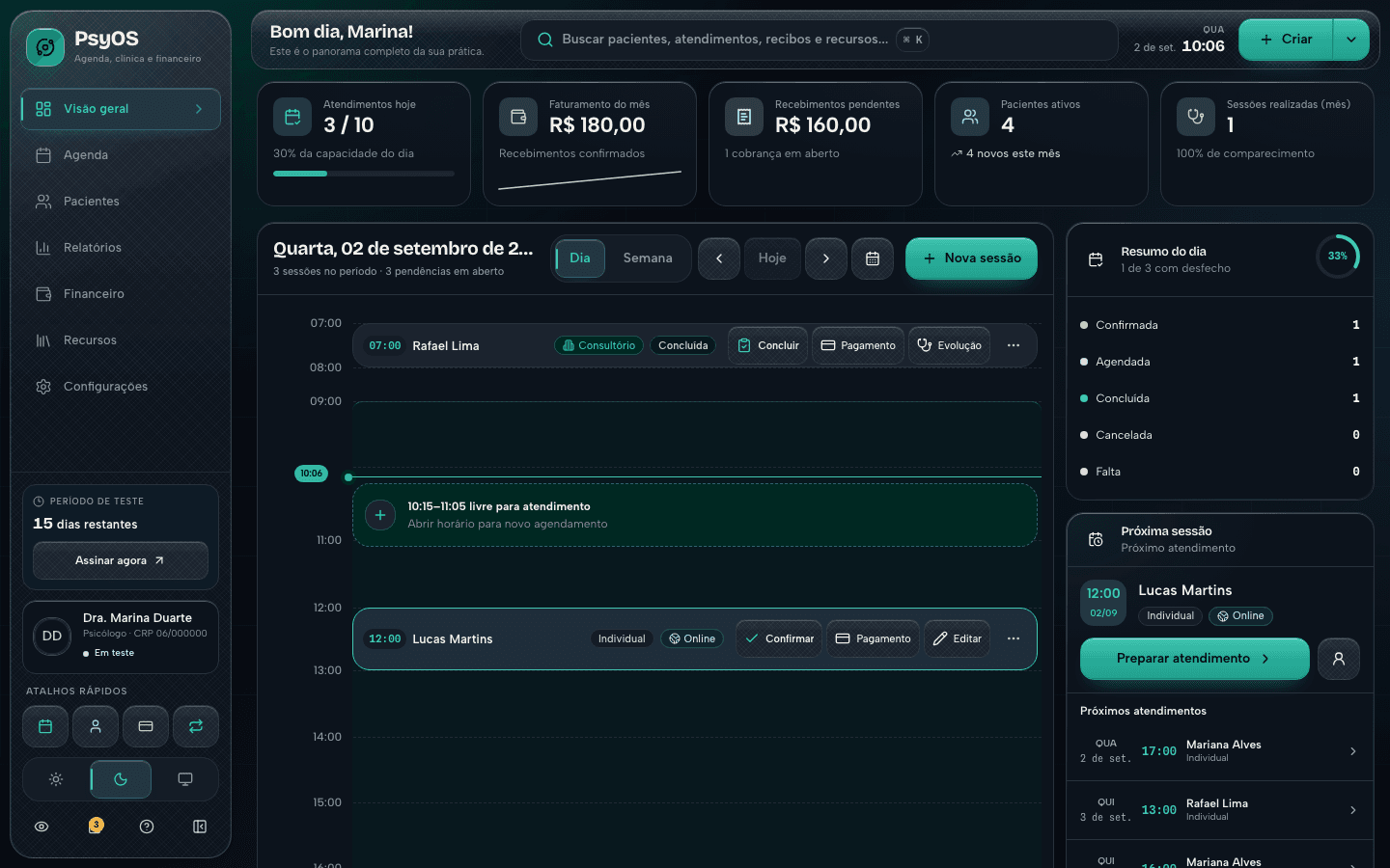 Dashboard real do PsyOS com agenda do dia, próxima sessão, continuidade de pacientes e pendências operacionais.