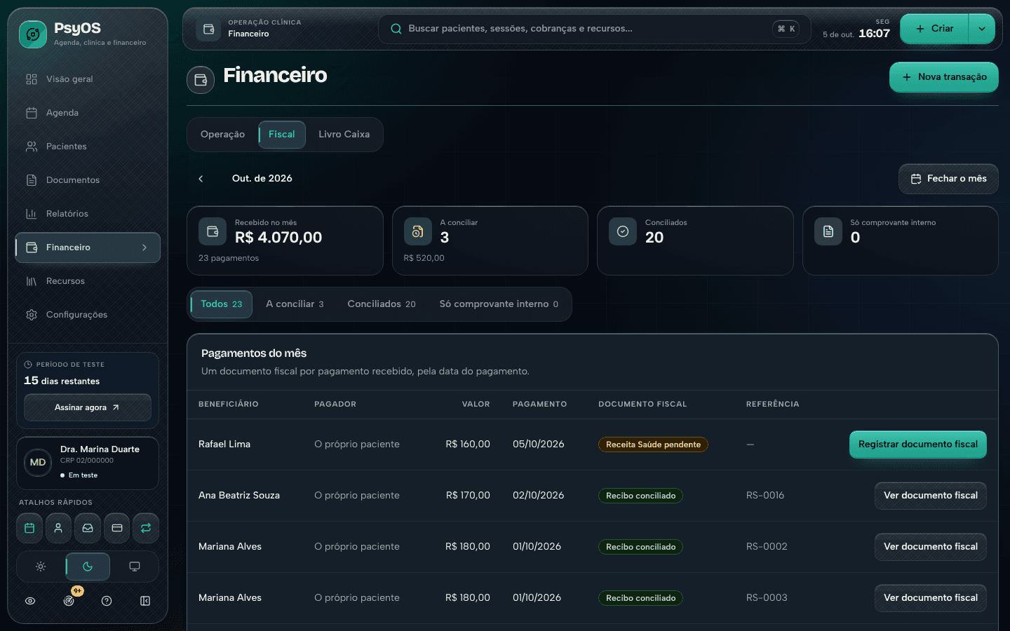 Aba Fiscal do Financeiro com os pagamentos do mês, o beneficiário e o pagador de cada um e a situação do recibo do Receita Saúde.