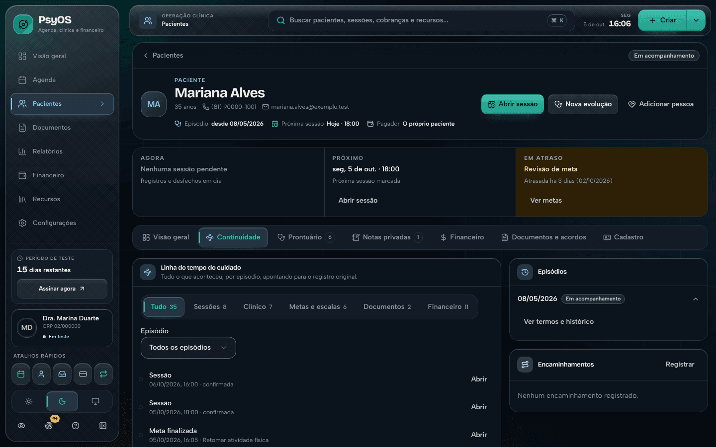 Ficha de uma paciente com o episódio de cuidado em acompanhamento, a próxima sessão, uma meta com revisão vencida e a linha do tempo do cuidado.
